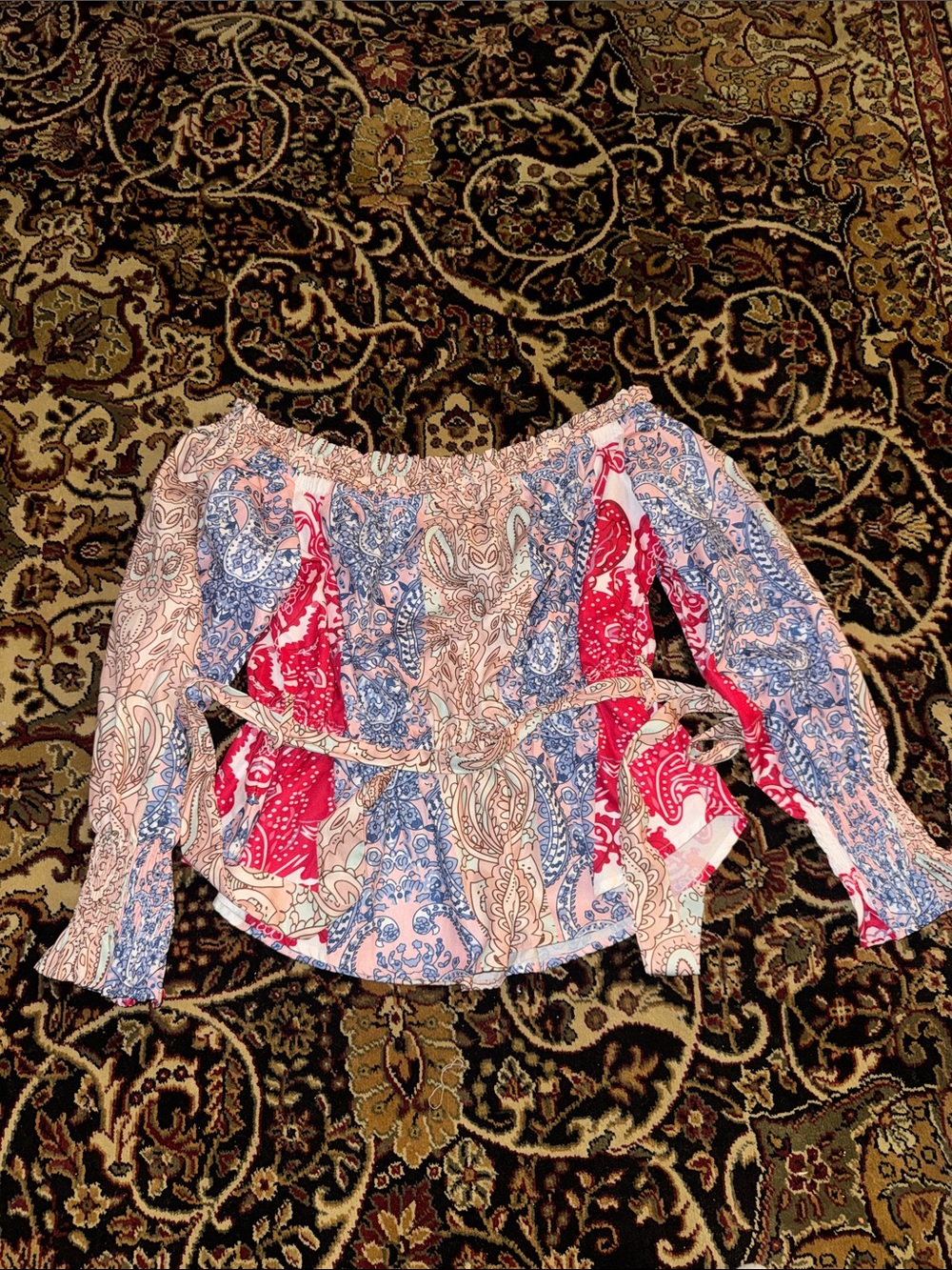 Off-Shoulder Mixed Paisley Print Women’s Top - Pink & Blue